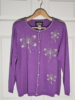"Bob Mackie Wearable Art Purple Dragonfly Cardigan Sz M ✨ Beaded Pearls Rhinesto